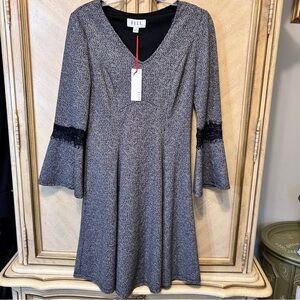 ELLE Black & White V Neck 3/4 Lace Bell Sleeve Fit & Flare Dress NEW NWT